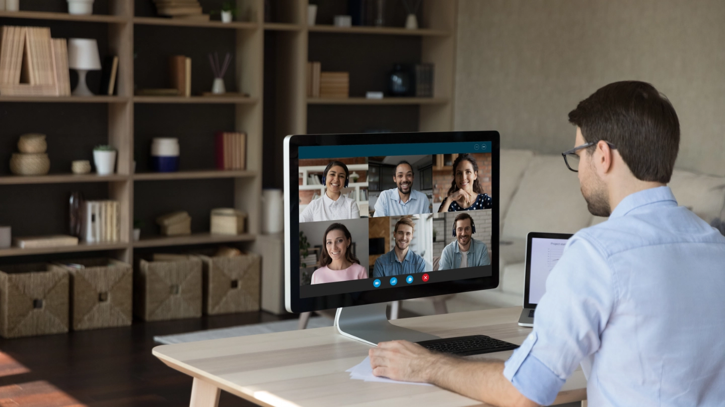 man participating in a video conference image