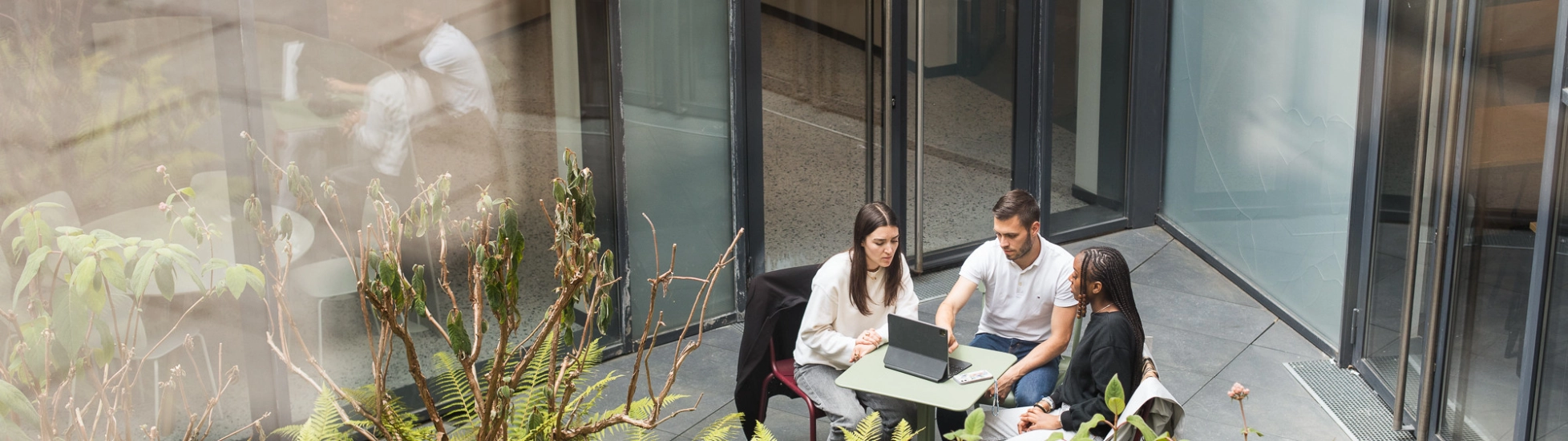 Two women, one man sit at a small outdoor table, looking at a laptop. Green foliage is in the foreground, large glass doors behind.